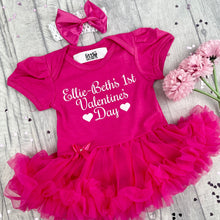 Load image into Gallery viewer, Personalised 1st Valentine's Day Baby Girl Pink Tutu Romper With Headband, White Glitter Design - Little Secrets Clothing