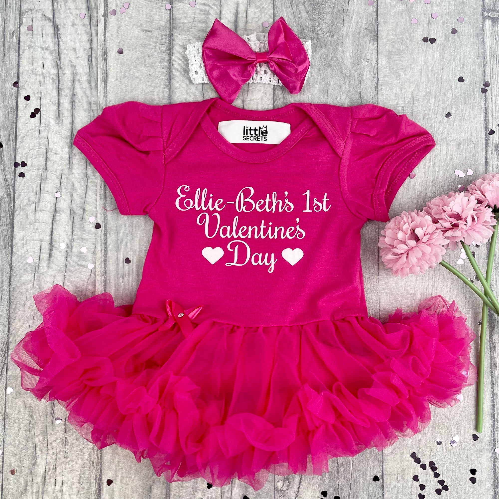 Personalised 1st Valentine's Day Baby Girl Pink Tutu Romper With Headband,  White Glitter Design