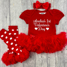Load image into Gallery viewer, Personalised 1st Valentine's Day Baby Girl Red Tutu Romper With Matching Bow Headband And Polka Dot Leg Warmers