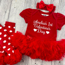 Load image into Gallery viewer, Personalised 1st Valentine's Day Baby Girl Red Tutu Romper With Matching Bow Headband And Polka Dot Leg Warmers