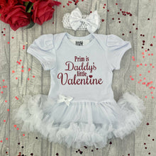 Load image into Gallery viewer, Personalised 'Is Daddy's Little Valentine' Red Glitter Design, Baby Girl Tutu Romper With Matching Bow Headband, Valentine’s Day