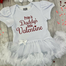 Load image into Gallery viewer, Personalised 'Is Daddy's Little Valentine' Red Glitter Design, Baby Girl Tutu Romper With Matching Bow Headband, Valentine’s Day