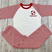 Load image into Gallery viewer, Personalised England Football PJs, World Cup 2022 Red Stripe Boys Pyjamas - Little Secrets Clothing