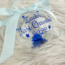 Load image into Gallery viewer, Personalised First Christmas 2022 Baby Boys 1st Christmas Bauble, Blue Star Filled Christmas Decoration