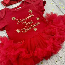 Load image into Gallery viewer, Baby Girls First Christmas Personalised Red Tutu Romper & Bow Headband, Gold Glitter Snowflakes Design