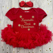 Load image into Gallery viewer, 'First Christmas' Personalised Baby Girl Tutu Romper With Matching Bow Headband, Gold Snowflake Design