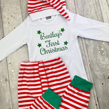 Load image into Gallery viewer, Babies Personalised First Christmas Long Sleeve White Romper Set With Pants and Hat