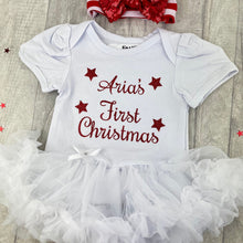 Load image into Gallery viewer, Personalised First Christmas White Tutu Romper with Red Sequin Bow Headband