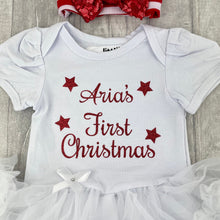 Load image into Gallery viewer, Personalised First Christmas White Tutu Romper with Red Sequin Bow Headband