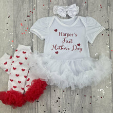 Load image into Gallery viewer, Personalised First Mother's Day Baby Girl Tutu Romper With Matching Bow Headband And Red Heart Leg Warmers