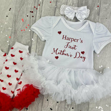 Load image into Gallery viewer, Personalised First Mother's Day Baby Girl Tutu Romper With Matching Bow Headband And Red Heart Leg Warmers