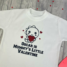 Load image into Gallery viewer, Boy's Personalised Mummy's Little Valentine Dinosaur White T-Shirt, Valentines Day