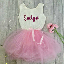 Load image into Gallery viewer, Personalised girls sleeveless light pink polka dot tutu dress, summer outfit, Dark Pink Glitter Name