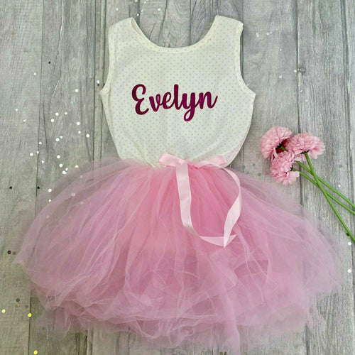 Personalised girls sleeveless light pink polka dot tutu dress, summer outfit, Dark Pink Glitter Name