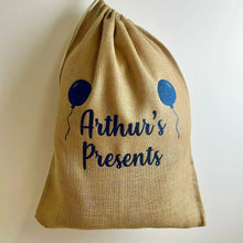 Load image into Gallery viewer, Personalised Presents Birthday Balloons Hessian Gift Sack