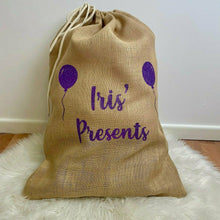 Load image into Gallery viewer, Personalised Presents Birthday Balloons Hessian Gift Sack