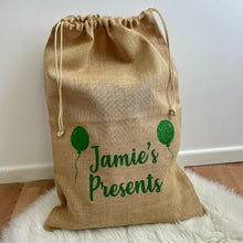 Load image into Gallery viewer, Personalised Presents Birthday Balloons Hessian Gift Sack