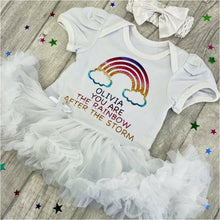 Load image into Gallery viewer, Personalised 'You Are The Rainbow After The Storm' Baby Girl Tutu Romper With Matching Bow Headband, Rainbow Design