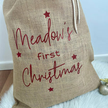 Load image into Gallery viewer, Baby's First Christmas Gift Sack, Hessian / Burlap Present Sack