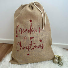 Load image into Gallery viewer, Baby's First Christmas Gift Sack, Hessian / Burlap Present Sack