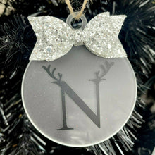 Load image into Gallery viewer, Personalised Initial & Reindeer Antlers Christmas Bauble with Glitter Bow, Flat Christmas Decoration