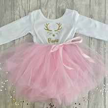 Load image into Gallery viewer, Girls Christmas Dress, Personalised Reindeer Long Sleeve Tutu Dress - Gold Design