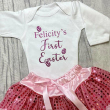 Load image into Gallery viewer, Personalised 'First Easter' Girl White Long Sleeved Romper And Pink Sequin Tutu Skirt, Newborn Baby Gift