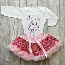 Load image into Gallery viewer, Personalised 'First Easter' Girl White Long Sleeved Romper And Pink Sequin Tutu Skirt, Newborn Baby Gift
