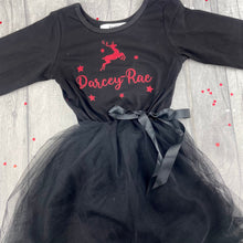 Load image into Gallery viewer, Girls Reindeer Christmas Tutu Dress, Long Sleeve Black Personalised Christmas Outfit