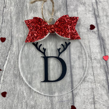 Load image into Gallery viewer, Personalised Initial & Reindeer Antlers Christmas Bauble with Glitter Bow, Flat Christmas Decoration