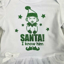 Load image into Gallery viewer, Baby Girl Christmas Elf Outfit, White Tutu Romper with Sequin Bow Headband, SANTA! I Know Him