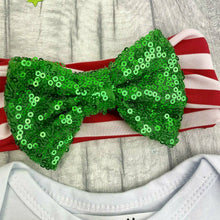 Load image into Gallery viewer, Baby Girl Christmas Elf Outfit, White Tutu Romper with Sequin Bow Headband, SANTA! I Know Him