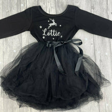 Load image into Gallery viewer, Girls Reindeer Christmas Tutu Dress, Long Sleeve Black Personalised Christmas Outfit