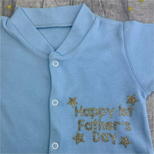 Load image into Gallery viewer, Happy 1st Father's Day Stars Baby Boys / Girls Button Up Sleepsuit Gold Text