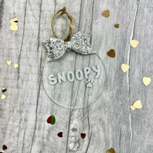 Load image into Gallery viewer, Personalised Pet Christmas Bauble with Glitter Bow, Dog or Cat Flat Christmas Decoration