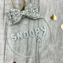 Load image into Gallery viewer, Personalised Pet Christmas Bauble with Glitter Bow, Dog or Cat Flat Christmas Decoration