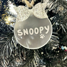 Load image into Gallery viewer, Personalised Pet Christmas Bauble with Glitter Bow, Dog or Cat Flat Christmas Decoration
