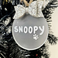 Load image into Gallery viewer, Personalised Pet Christmas Bauble with Glitter Bow, Dog or Cat Flat Christmas Decoration