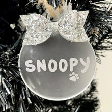 Load image into Gallery viewer, Personalised Pet Christmas Bauble with Glitter Bow, Dog or Cat Flat Christmas Decoration