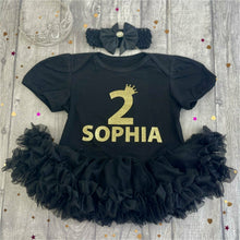 Load image into Gallery viewer, Personalised 1st Birthday Crown and Number Black Tutu Romper With Matching Headband, Gold Glitter Design