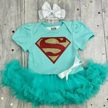 Load image into Gallery viewer, Baby Girl Superman Tutu Romper With Matching Bow Headband, Baby Superhero Dress