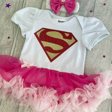 Load image into Gallery viewer, Baby Girl Superman Tutu Romper With Matching Bow Headband, Baby Superhero Dress