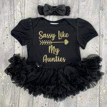 Load image into Gallery viewer, Sassy Like My Aunties Baby Girl Tutu Romper With Matching Bow Headband