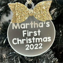 Load image into Gallery viewer, Personalised First Christmas Christmas Bauble with Glitter Bow, Christmas Tree Decoration - Little Secrets Clothing