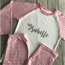 Load image into Gallery viewer, Personalised Curly Font Name pink and white girls pyjamas