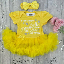 Load image into Gallery viewer, 'Step Aside Belle There's A New Princess In Town' Disney Yellow Tutu Romper With Bow Headband