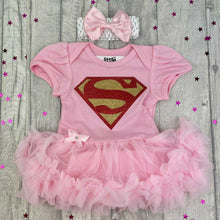 Load image into Gallery viewer, Baby Girl Pink Superman Superhero Tutu Romper With Matching Bow Headband, Super-Girl Newborn Baby Gift