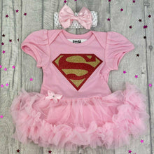 Load image into Gallery viewer, Baby Girl Superman Tutu Romper With Matching Bow Headband, Baby Superhero Dress