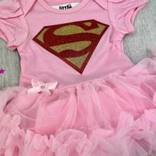 Load image into Gallery viewer, Baby Girl Pink Superman Superhero Tutu Romper With Matching Bow Headband, Super-Girl Newborn Baby Gift
