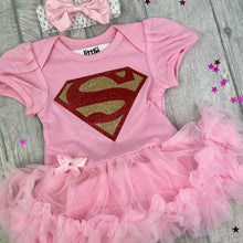 Load image into Gallery viewer, Baby Girl Pink Superman Superhero Tutu Romper With Matching Bow Headband, Super-Girl Newborn Baby Gift